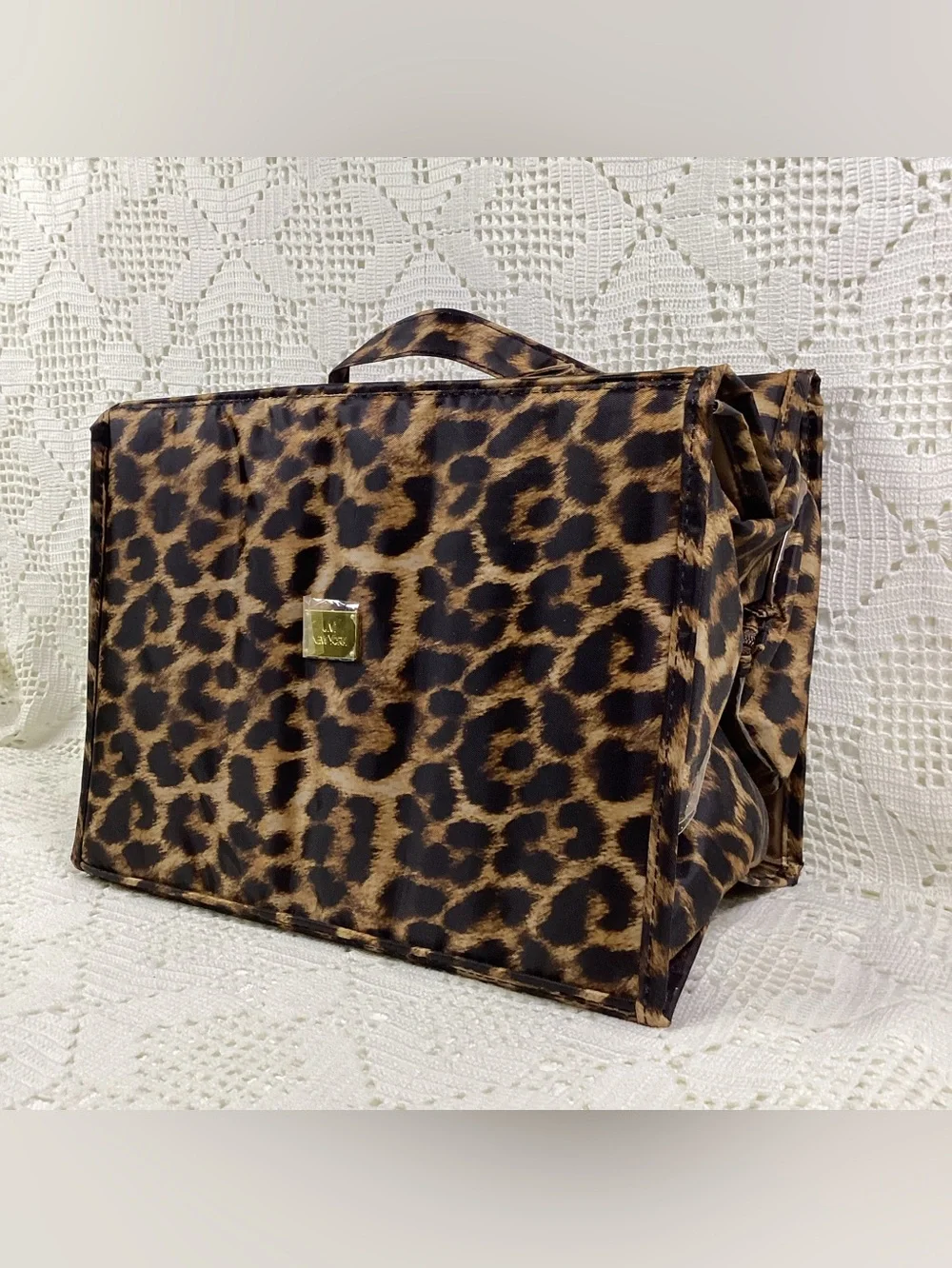 Joy Mangano Leopard Print Cosmetic Train Case with Gold Plaque Extra Large